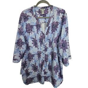 Catherines Blouse Floral Print Blue Pink 3/4 Top Button Front Shirt Women 3X